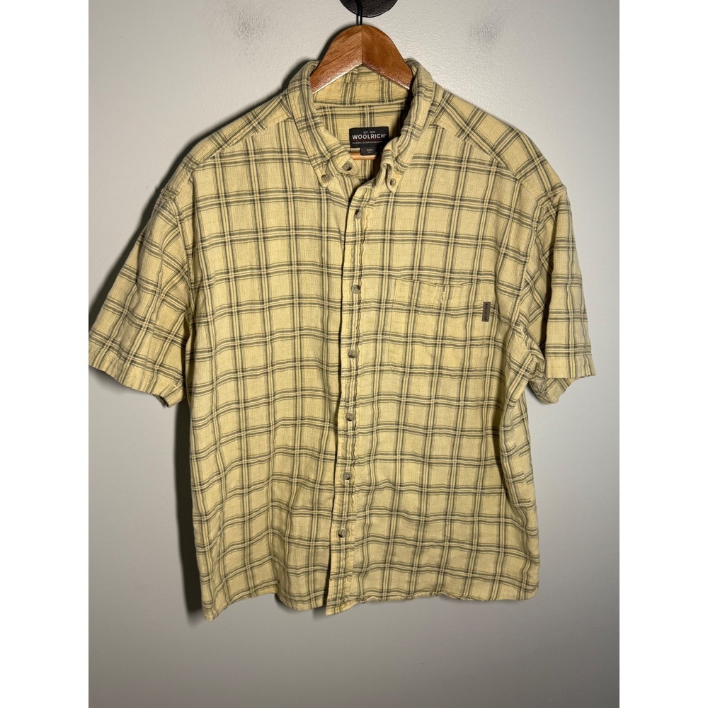 Woolrich Mens XL Yellow Plaid Short Sleeve Button Down Shirt Outdoor Casual